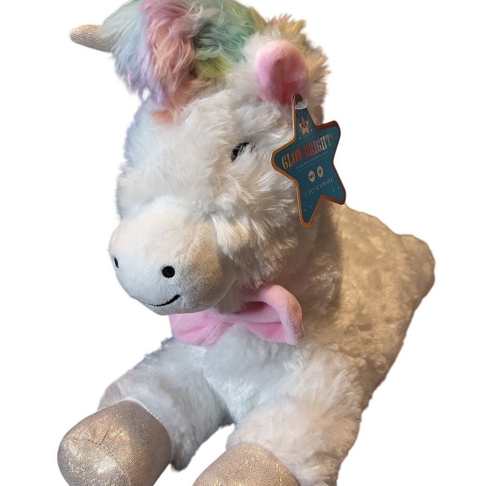 FAO Schwarz 16" Glow Brights Plush Unicorn Rainbow Mane Bow Lights Sounds NEW - Picture 2 of 9